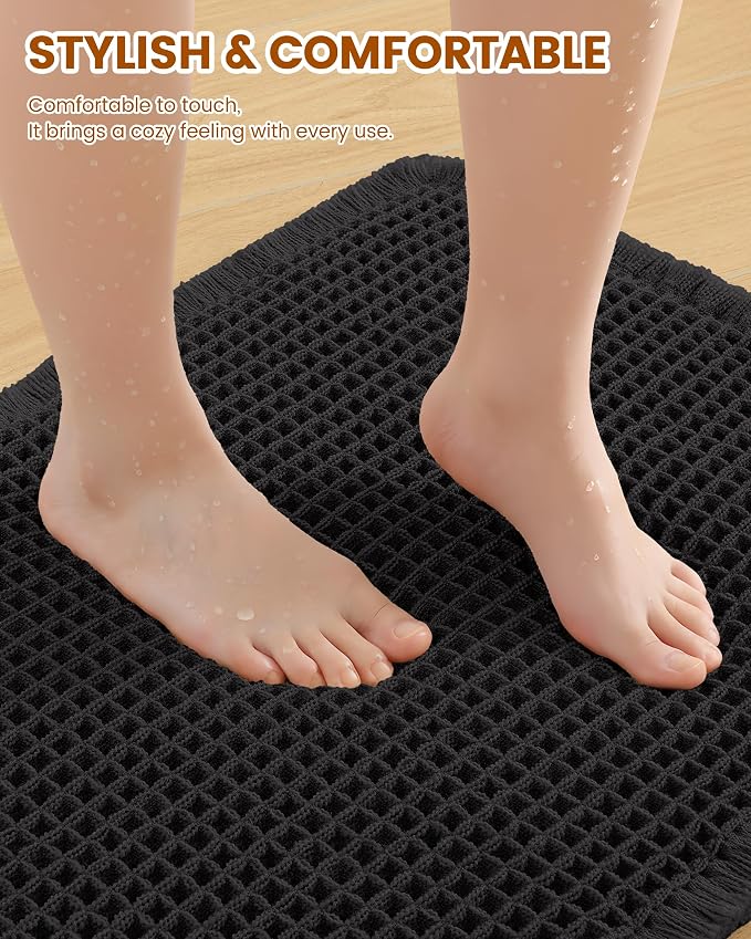 Smiry Waffle Bath Mat 60x24, Extra Soft Absorbent Bathroom Rugs, Non Slip Machine Washable Quick Dry Bath Rugs for Bathroom Floor, Tub, Shower, Home Decor Accessories, Black