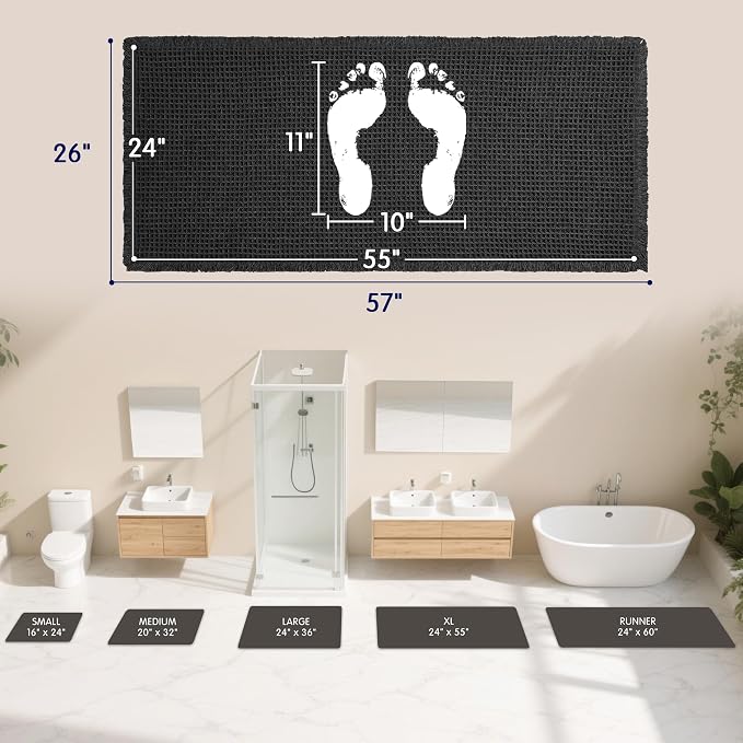 SUBRTEX Waffle Braided Bath Mat, 24" x 55" Soft Waffle Bath Rugs, Absorbent Non Slip Bathrooom Mats, Machine Washable Area Rug for Bathroom, Quick Dry, Black