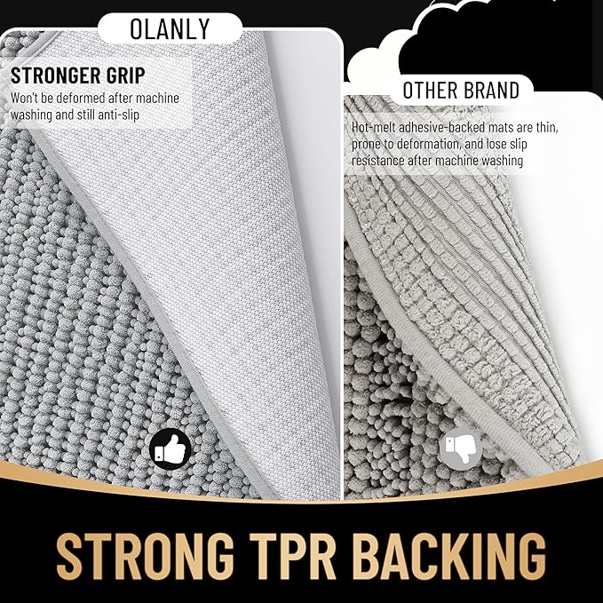 OLANLY Thick Large Bathroom Rugs 44x32, Extra Soft Absorbent Chenille Bath Rugs, Rubber Backing, Machine Wash Dry, Bath Mats for Bathroom Floor, Tub and Shower, Home Decor Accessories, Light Grey