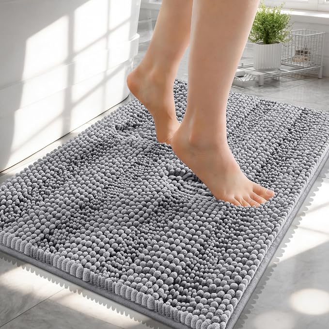 OLANLY Thick Small Bathroom Rugs 24x16, Extra Soft Absorbent Chenille Striped Bath Rugs, Rubber Backing, Machine Wash, Bath Mats for Bathroom Floor, Tub and Shower, Home Decor Accessories, Grey