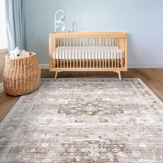 Hazo Haus Washable Neutral Farmhouse Bedroom Rug, 5x7 Area Rugs for Living Room, Nursery Room, Boho Vintage Floral Non-Slip Rug Low Pile Stain Resistant (5x7 Beige/Latte)