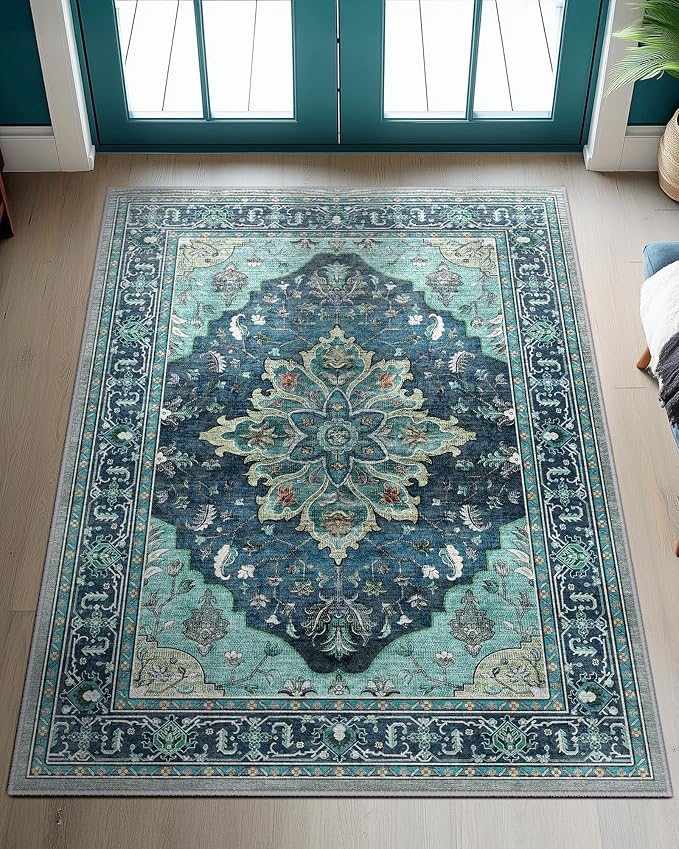 RELEANY Area Rugs 3'x4' Washable Non-Slip, Floral Vintage Distress Medallion Carpet for Living Room Bedroom Dining Room, Teal Green Lake Blue Turquoise