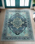 RELEANY Area Rugs 3'x4' Washable Non-Slip, Floral Vintage Distress Medallion Carpet for Living Room Bedroom Dining Room, Teal Green Lake Blue Turquoise