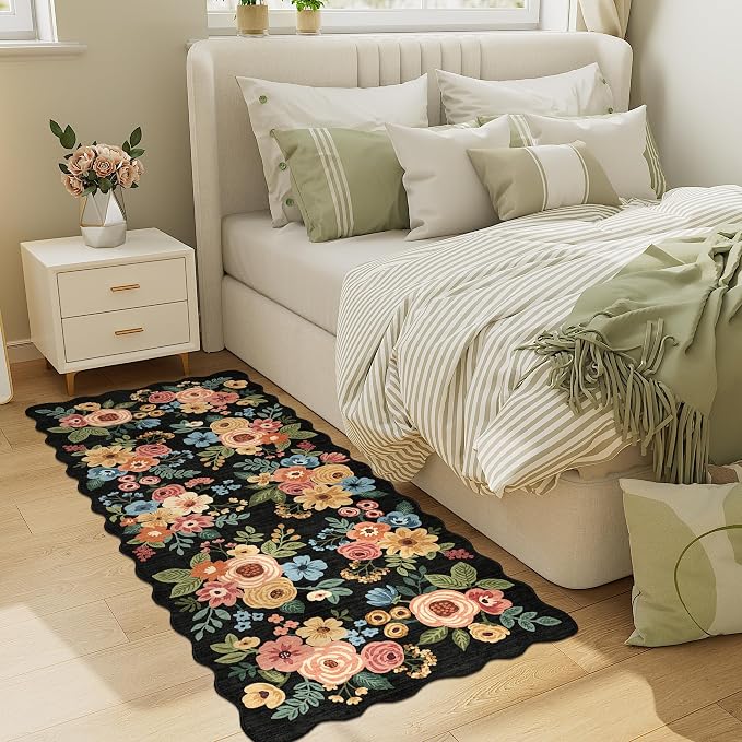 DUKINO 2x5 Washable Runner Rugs, Non Slip Floral Print Entryway Rug with Soft Low Pile, Lightweight Mat for Living Room, Bathroom, Bedroom, Kitchen, Black