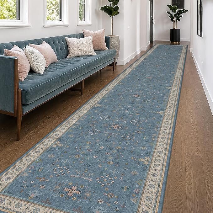 Hazo Haus Blue Boho 3x20 Extra Long Hallway Runner Rug - Non Slip Waterproof Kitchen Floor Mat - Modern Eclectic Floral Design Décor