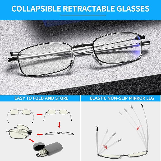 touk Foldable Reading Glasses Anti Blue Light, Soft Nose Pad Spring Hinge Compact Readers Portable Case for Men Women 2 Pack