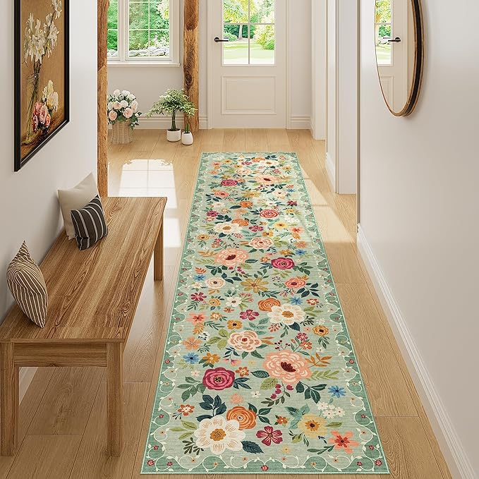 DUKINO 2x8 Runner Rug for Hallway, Washable Kitchen Runner Rug with Rubber Backing Non Slip, Low Pile Soft Boho Floral Thin Carpet for Entryway, Hallway, Bathroom, Laundry Room, Green