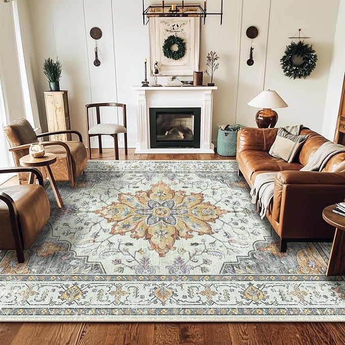 RELEANY Area Rugs Large 9'x12' Washable Non-Slip, Floral Vintage Distress Medallion Carpet for Living Room Bedroom Dining Room, Beige Carbon Grey Orange