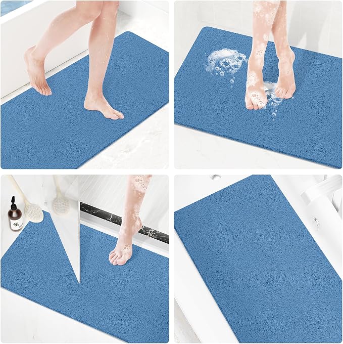 Shower Mat Bathtub Mat Non-Slip,36x16 inch, Soft Tub Mat with Drain,PVC Loofah Bath Mat (Phthalate Free) for Tub and Bathroom,Lake Blue