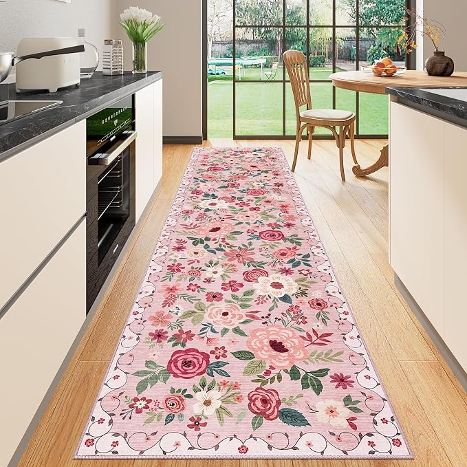 DUKINO Runner Rug for Hallway, 2.6x10 Washable Floral Long Kitchen Rug with Non Slip Backing, Lightweight & Stain Resistant Soft Runners for Indoor Entrance, Laundry, Living Room, Bedroom, Pink