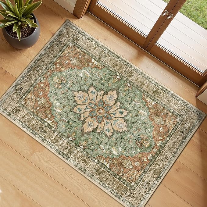 RELEANY Area Rugs Small 2'x3' Washable Non-Slip, Floral Vintage Distress Medallion Carpet for Kitchen Entryway Bathroom, Terracotta Burnt Orange Green
