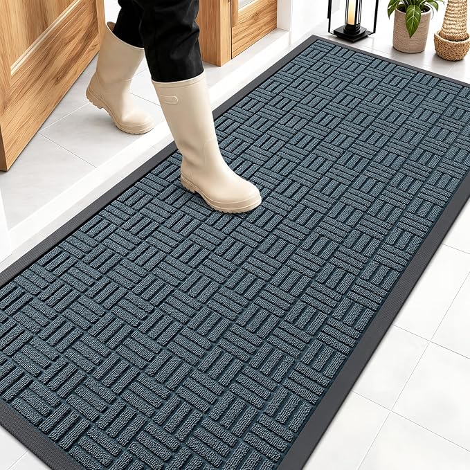 OLANLY Front Door Mat Outside Entrance 59x23, Absorbent, Heavy Duty Sturdy Natural Rubber Doormat Indoor Outdoor, Non-Slip, Stain and Fade Resistant, Low Profile Floor Mat for Entryway, Lake Blue