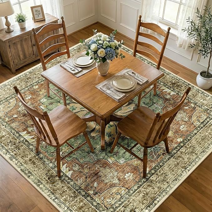 RELEANY Area Rugs Square 8ft Washable Non-Slip, Floral Vintage Distress Medallion Carpet for Living Room Bedroom Dining Room, Terracotta Burnt Orange Green