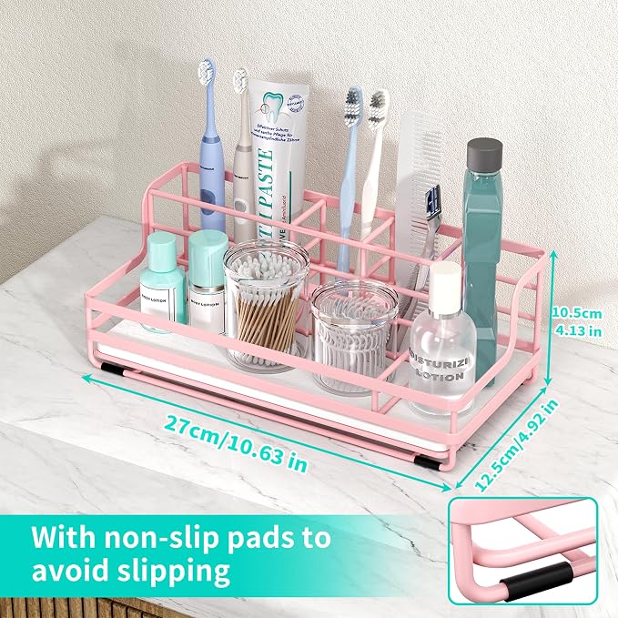 HapiRm Toothbrush Holders for Bathroom - 5 Partitions Bathroom Counter Organizer with Instant Drying Stone, Stainless Steel Countertop Storage Electric Toothbrush Toothpaste Holder - Pink