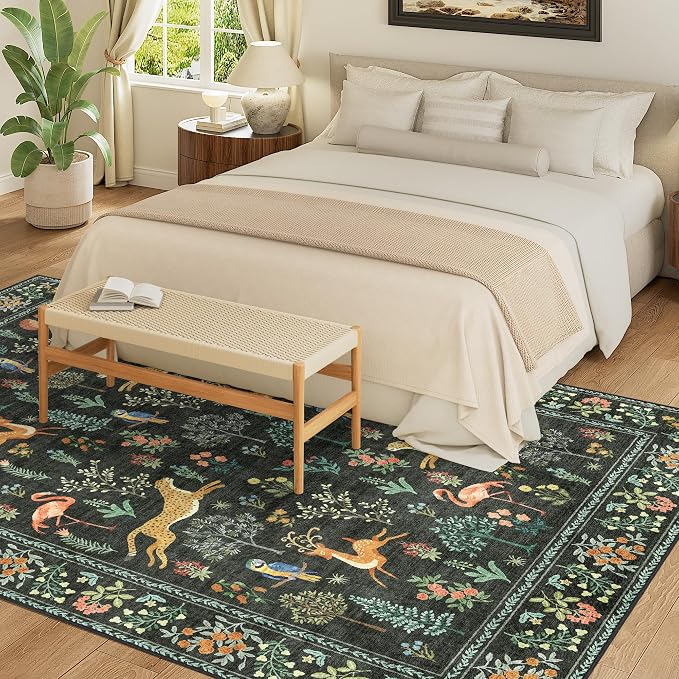 DUKINO 9x12 Rug, Washable Animal Living Room Rug with Non Slip Vintage Design, Soft Low Pile Large Carpet for Bedroom, Nursery, Dining Room, Farmhouse, Playroom, Black