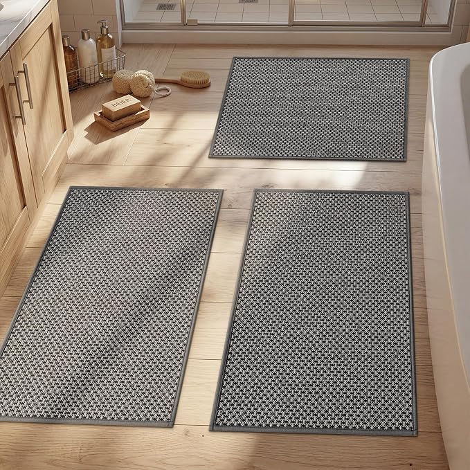 YIHOUSE Thin Bath Mat Dark Grey Bathroom Rugs Sets 3 Pieces, Non Slip Absorbent Bath Mats Quick Dry, Woven Braided Rugs Washable, Tapetes para Baño for Bathroom,Bathtub(17"x24"+17"x32"+17"x32")