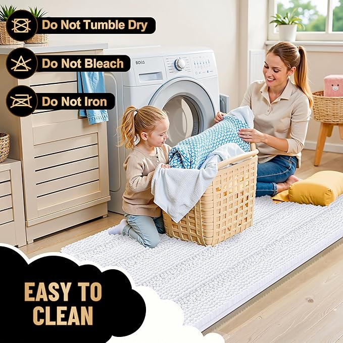 OLANLY Thick Large Bathroom Rugs 45x27, Extra Soft Absorbent Chenille Striped Bath Rugs, Rubber Backing, Machine Wash Dry, Bath Mats for Bathroom Floor, Tub and Shower, Home Decor Accessories, White