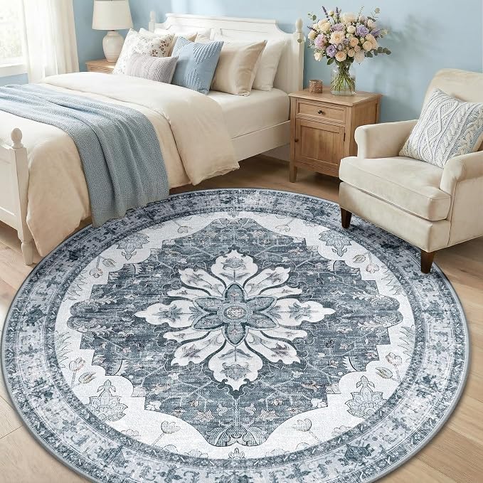 RELEANY Area Rugs Round 6ft Washable Non-Slip, Floral Vintage Distress Medallion Carpet for Living Room Bedroom Dining Room, Light Gray Grey White