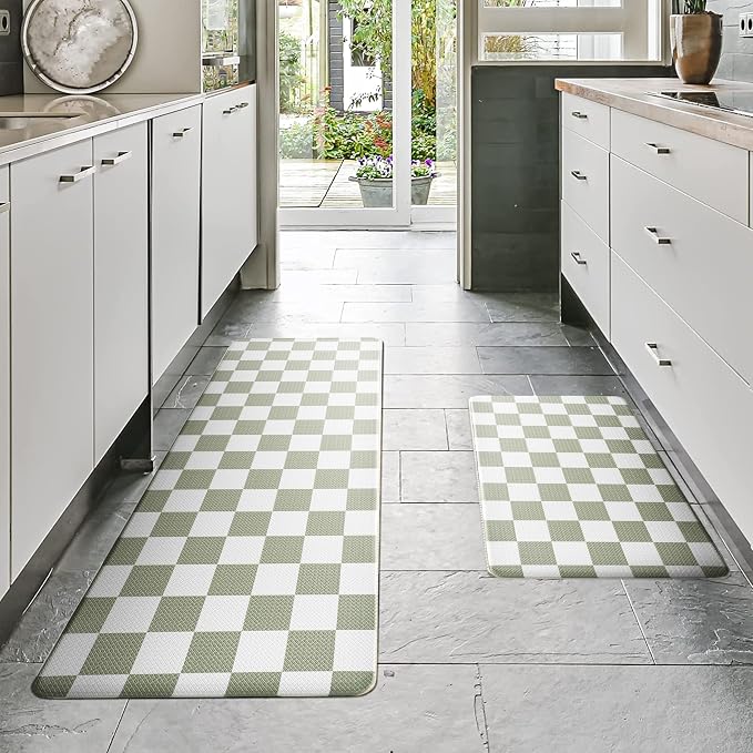 Sage Green Checkered Grid Checkerboard Kitchen Rug Sets [2 PCs], Anti-Fatigue, Waterproof Non-Slip Kitchen Mats Heavy Duty Comfort Foam Rug for Kitchen, Floor, Home,Laundry,17"x29"+17"x47"