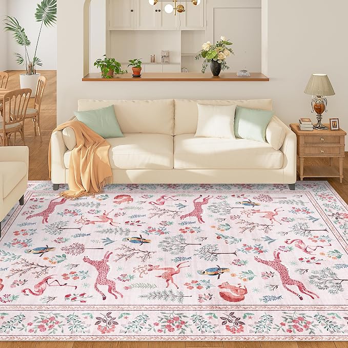 DUKINO 5x7 Rug, Washable Animal Living Room Rug with Non Slip Vintage Design, Soft Low Pile Large Carpet for Bedroom, Nursery, Dining Room, Farmhouse, Playroom, Pink