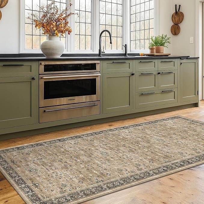 Natural Sage Taupe 2x6 Entryway Runner Rug, Kitchen Floor Mat for Indoor Entrance and Bathroom, Washable Vintage Earthy Decor, Non-Slip Stain Resistant Low-Pile Throw Rug