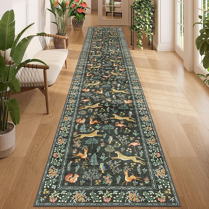 DUKINO 2x12 Washable Runner Rug, Ultra Soft Vintage Animal Runner Rug for Hallway, Lightweight Non Slip & Non Shedding Indoor Long Carpet for Kitchen, Laundry Room, Bathroom, Bedroom, Entrance, Black