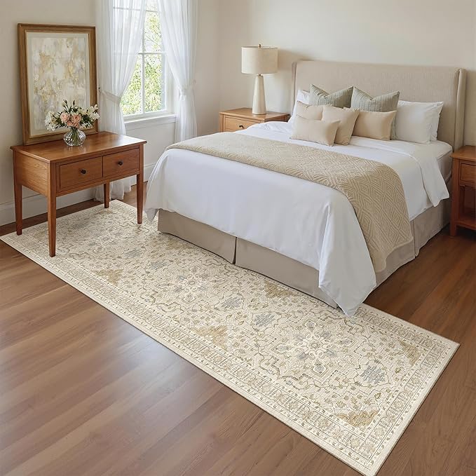 Madane Runner Rug 2x8, Washable Hallway Runner Rugs, Non-Slip Low-Pile Soft Kitchen Rug Runner Laundry Room Rug, Vintage Throw Entry Foyer Mat for Entrance Living Room (Beige/Blue, 2 x 8)