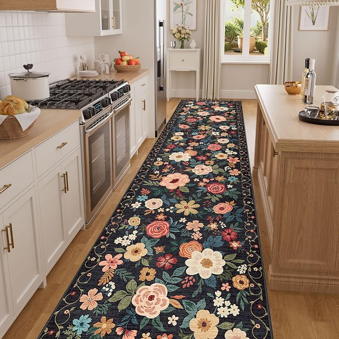 DUKINO 2x14 Runner Rug, Floral Long Washable Boho Kitchen Runner Rug with Non Slip Backing, Soft Non Shedding & Low Pile Carpet for Bedroom, Entrance, Laundry, Bathroom, Black