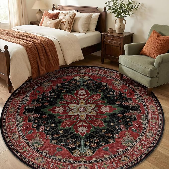 RELEANY Area Rugs Round 6ft Washable Non-Slip, Floral Vintage Distress Medallion Carpet for Living Room Bedroom Dining Room, Red Black