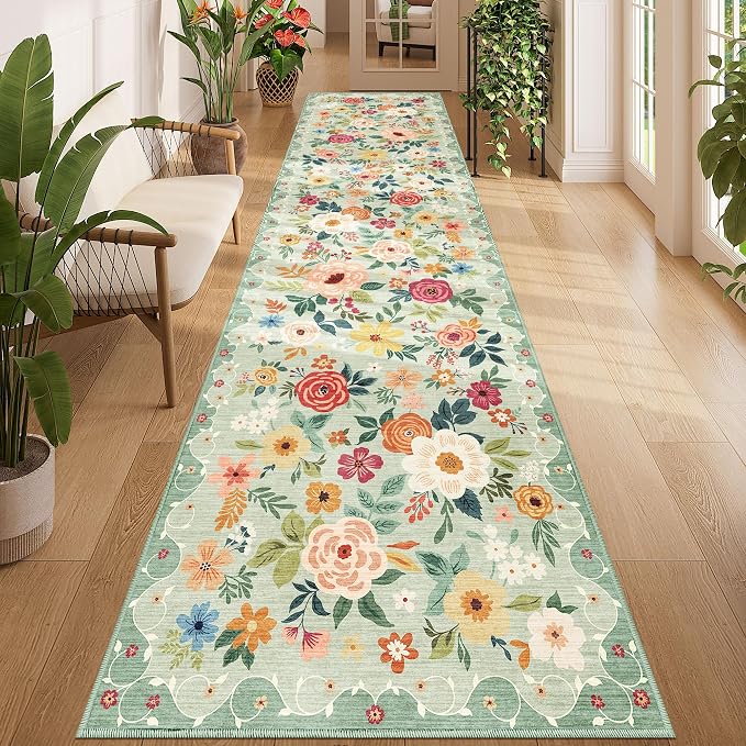 DUKINO 3x12 Washable Runner Rug, Non Slip Soft Floral Hallway Runner Rug with Non Shedding Design, Low Pile Long Floor Carpet for Kitchen, Hallway, Bathroom, Entryway, Laundry, Green