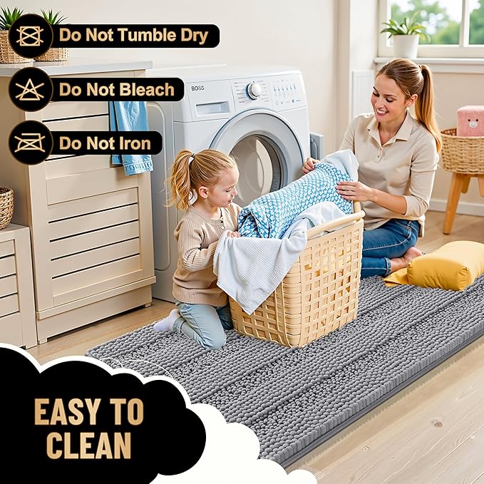 OLANLY Thick Bathroom Runner Rugs 59x24, Absorbent Chenille Striped Bath Rugs, Rubber Backing, Machine Wash Dry, Extra Long Bath Mats for Bathroom Floor, Tub and Shower, Home Decor Accessories, Grey