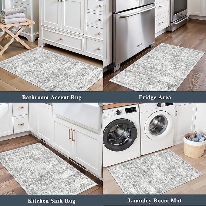 Washable Rug 2x3 for Entryway, Small Non-Slip Kitchen Throw Mat for Sink, Soft Low-Pile Stain & Fade-Resistant Indoor Mat for Pet Area & Bathroom (Grey/Ivory)