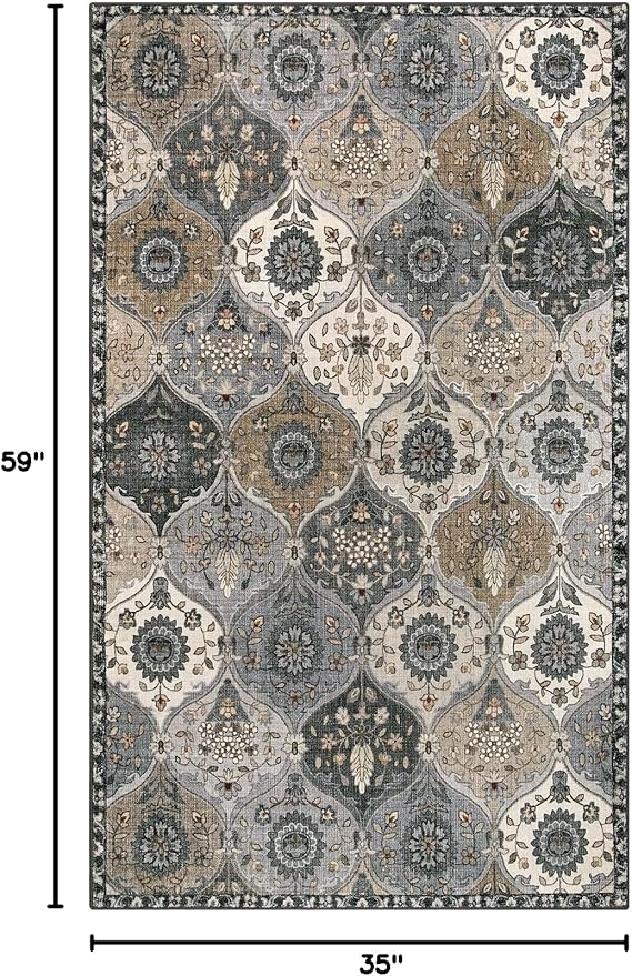 Lahome Moroccan Trellis Washable Area Rugs, 3x5 Rug for Bedroom Entryway Indoor Non-Slip, Small Oriental Accent Carpet for Living Room Kitchen Bathroom Office Elise, Grey