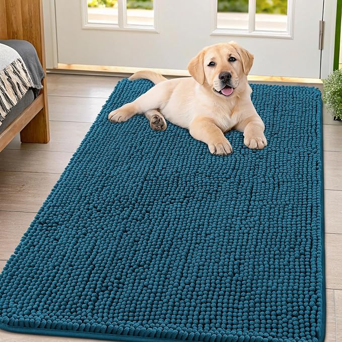 Smiry Dog Door Mat for Muddy Paws 47x32, Absorbent Dirt Trapper, Non-Slip Washable Chenille Entryway Rug for Inside Floor, Atlantic Blue, Classic Solid