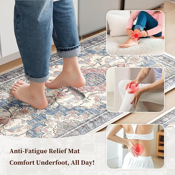 Boho Kitchen Mats for Floor 2 Piece Set Anti Fatigue Cushioned PVC Kitchen Rugs Non Slip Waterproof Farmhouse Mats 2/5 Inch Comfort Standing Mat for Sink, Laundry, 17.3"x59"+17.3"x28", Retro Blue