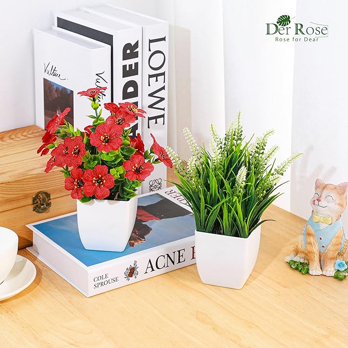 Der Rose Fake Plants 4 Pack Small Artificial Flowers in White Pots for Desk Bathroom Shelf Bedroom Office Tabletop Spring Home Decor
