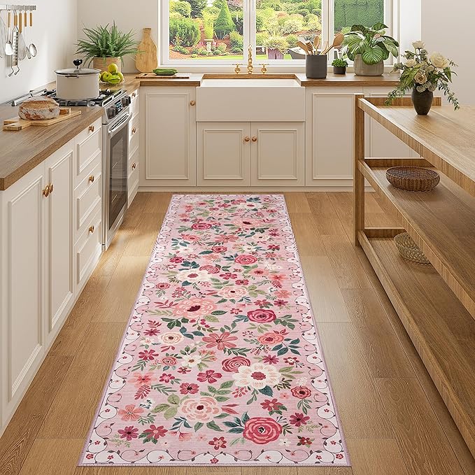 DUKINO Runner Rug, 2x7 Boho Kitchen Rug for Hallways with Low Pile Design, Washable Non Slip Backing Soft Floral Runner for Kitchen, Hallway, Entryway, Bedroom, Laundry, Pink