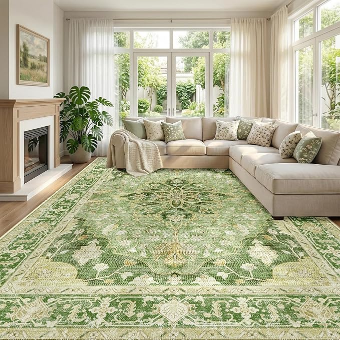 RELEANY Area Rugs Large 9'x12' Washable Non-Slip, Floral Vintage Distress Medallion Carpet for Living Room Bedroom Dining Room, Sage Green Yellow