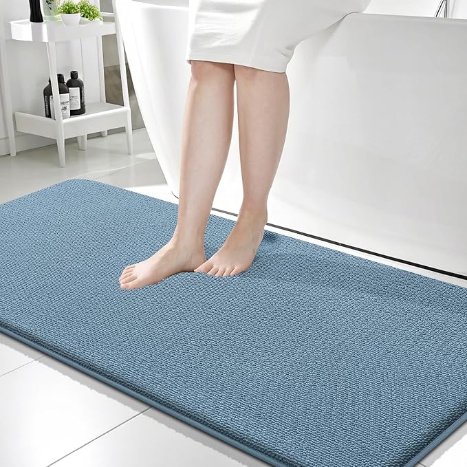 OLANLY Thick Memory Foam Bathroom Runner Rugs 59x24, Extra Soft Absorbent Long Bath Rug, Quick Dry, Non-Slip, Machine Washable Bath Mats for Bathroom, Tub and Shower, Home Decor Accessories, Airy Blue