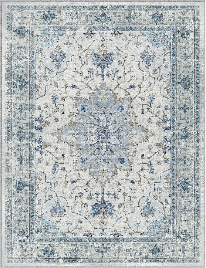 RELEANY Area Rugs Runner 3'x20' Washable Non-Slip, Floral Vintage Distress Medallion Carpet for Kitchen Hallway Bedroom Beside Laundry Room Bathroom, Light Blue Navy Gray White