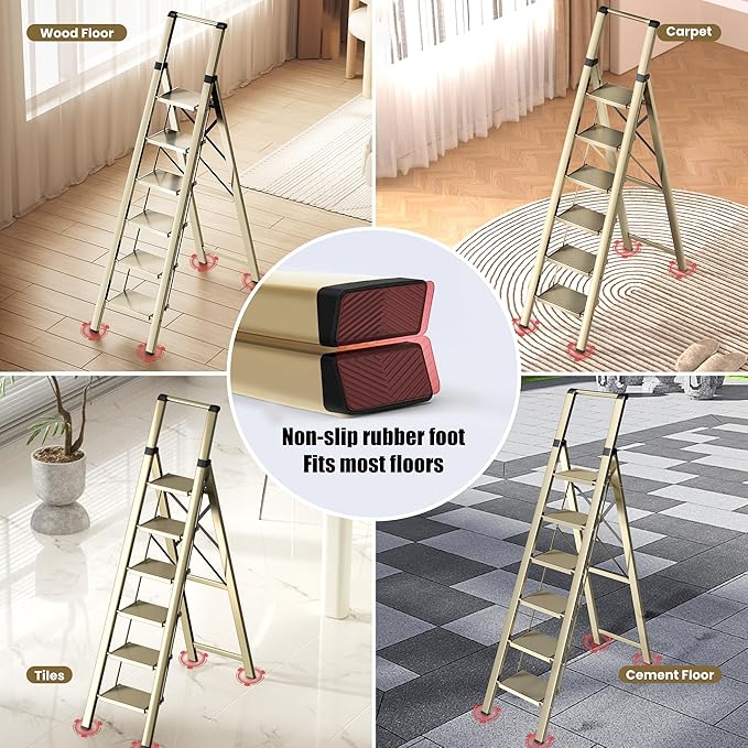 SOLADDER 6 Step Ladder, Folding Step Stool with Handgrip and Anti-Slip Wide Pedal, Portable Lightweight Aluminum Stepladder for Kitchen, Home, Library, Office (300 lbs Capacity) - Gold