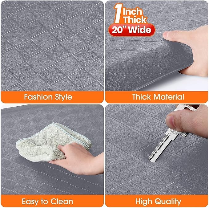 StepRite 1” Thick Kitchen Mats for Floor, Anti Fatigue Kitchen Rugs, Non-Slip,Heavy Duty Water Resistant Kitchen Rug, Standing Desk Mat for Friends, Family, Home, Kitchen, Office (72" x 20", Grey)