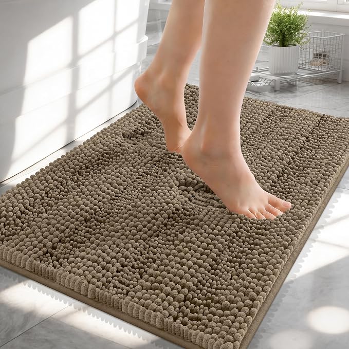 OLANLY Thick Small Bathroom Rugs 24x16, Extra Soft Absorbent Chenille Striped Bath Rugs, Rubber Backing, Machine Wash, Bath Mats for Bathroom Floor, Tub and Shower, Home Decor Accessories, Tan