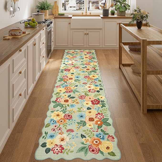 DUKINO 2.6x10 Runner Rug for Hallway, Lightweight Washable Floral Kitchen Rug with Non Shedding, Soft Low Pile & Non Slip Backing Boho Runner for Entryway, Bathroom, Laundry, Bedroom, Green