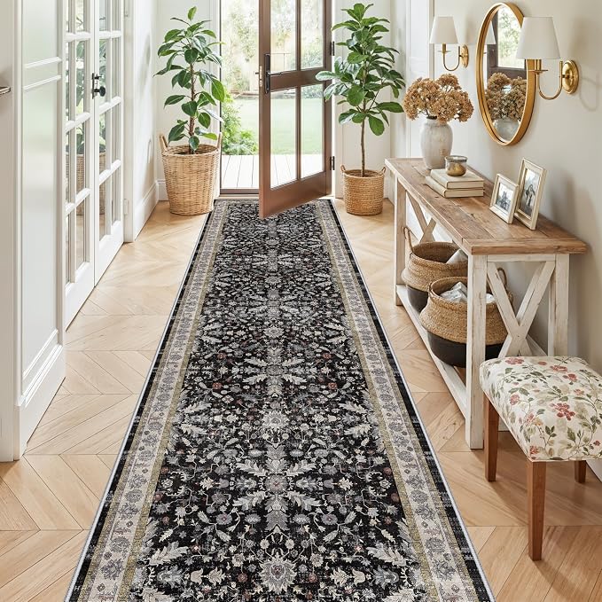 3x12 ft Long Hallway Runner Rug - Non-Slip Washable Soft Kitchen Rug with Rubber Backing,Boho Floral Low Pile Floor Carpet Runner for Entryway,Bedroom,Living Room（Black,3x12）