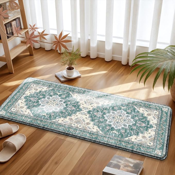 Boho Kitchen Mats for Floor 2 Piece Set Anti Fatigue Cushioned PVC Kitchen Rugs Non Slip Waterproof Farmhouse Mats 2/5 Inch Comfort Standing Mat for Sink, Laundry, 17.3"x59"+17.3"x28", Blue Green