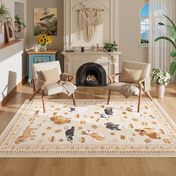 DUKINO 3x5 Area Rug, Lightweight Washable Entryway Rug with Non Slip & Low Pile, Soft Non Shedding Animal Dog Print Pattern Indoor Carpet for Bedroom, Kitchen, Bathroom, Kids Room, Beige Yellow