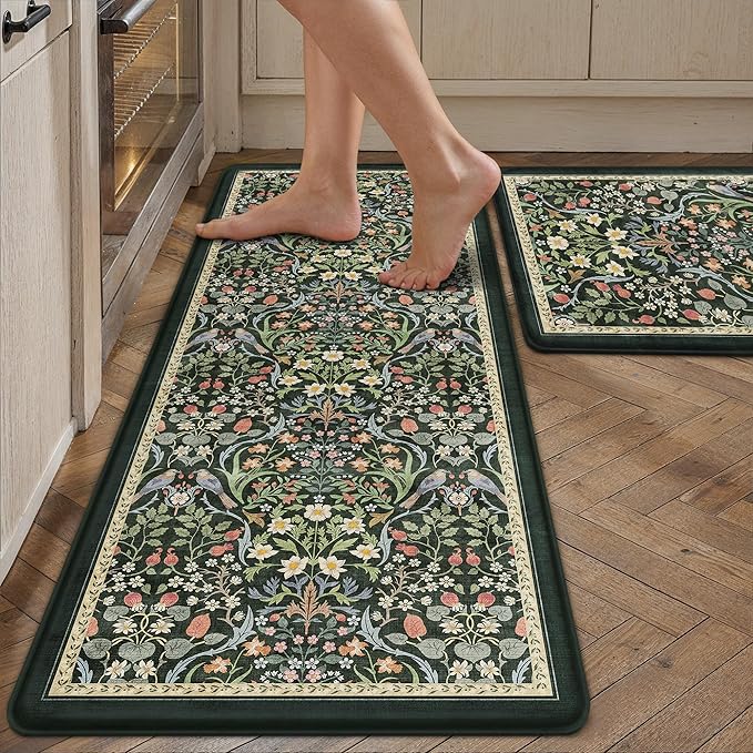 PureCozy Kitchen Mats for Floor 2PCS Anti Fatigue Cushioned Mat Non Slip Comfort Kitchen Rugs Vintage Floral Waterproof Standing Dark Green Mat for Sink Laundry Office Desk 17.3"x47"+17.3"x30"