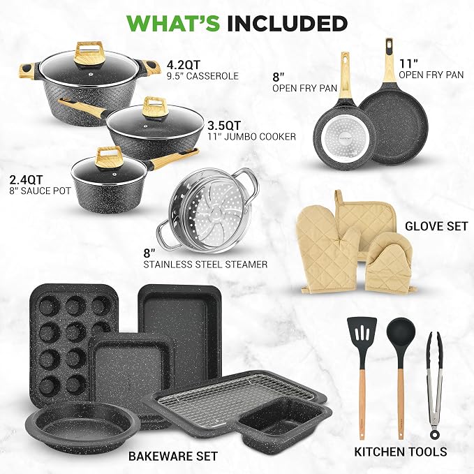 NutriChef 22-Piece Nonstick Ceramic Cookware Set – Pots and Pans Set with Bakeware, Utensils & Oven Mitts, Induction Compatible, PTFE & PFAS Free, Tempered Glass Lids, Cool-Touch Handles -Black