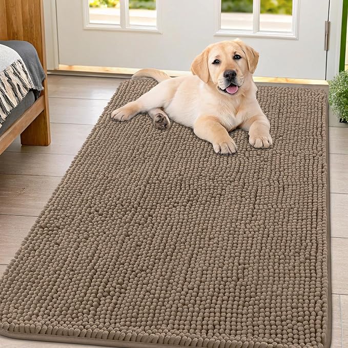 Smiry Dog Door Mat for Muddy Paws 47x32, Absorbent Dirt Trapper, Non-Slip Washable Chenille Entryway Rug for Inside Floor, Camel, Classic Solid